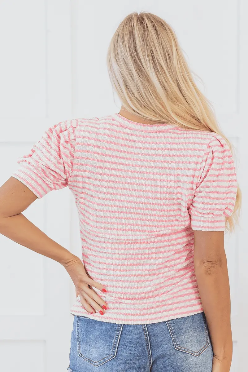 Pink Stripe Textured Puff Sleeve Crewneck Top for Women - Love Salve